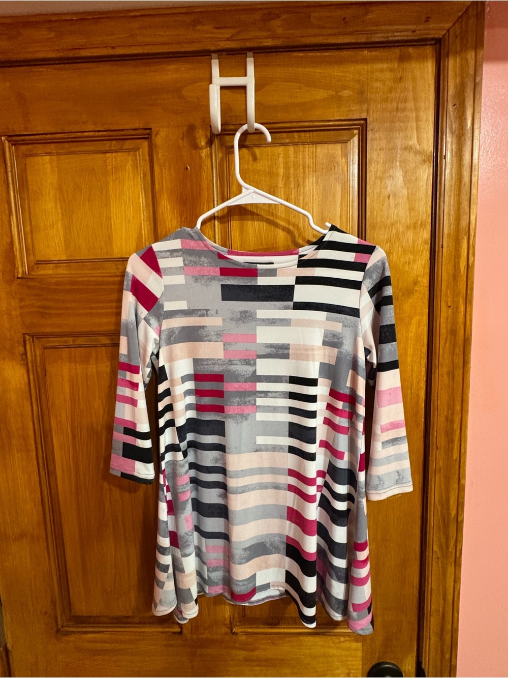 Alfani Pink, Gray & Black Geometric Stripe Long Sleeve Top